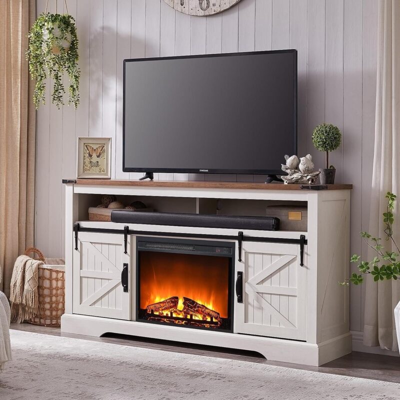 OKD Farmhouse Fireplace TV Stand up to 70 , Entertainment Center with 23  Fireplace and Open Storage Shelves for Living Room, Antique White