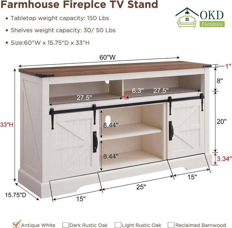OKD Farmhouse Fireplace TV Stand up to 70 , Entertainment Center with 23  Fireplace and Open Storage Shelves for Living Room, Antique White - Image 3