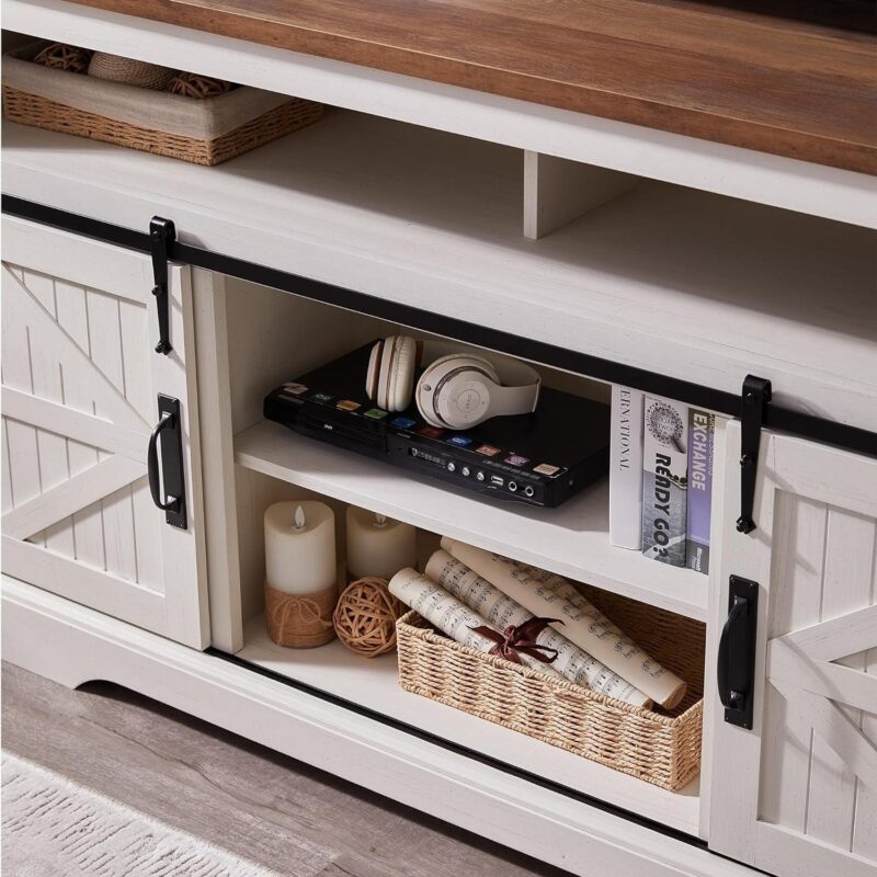 OKD Farmhouse TV Stand for TVs up to 70 , Rustic Console Entertainment Center Television Table with Adjustable Shelf for liveing Room,A Antique White - Image 5