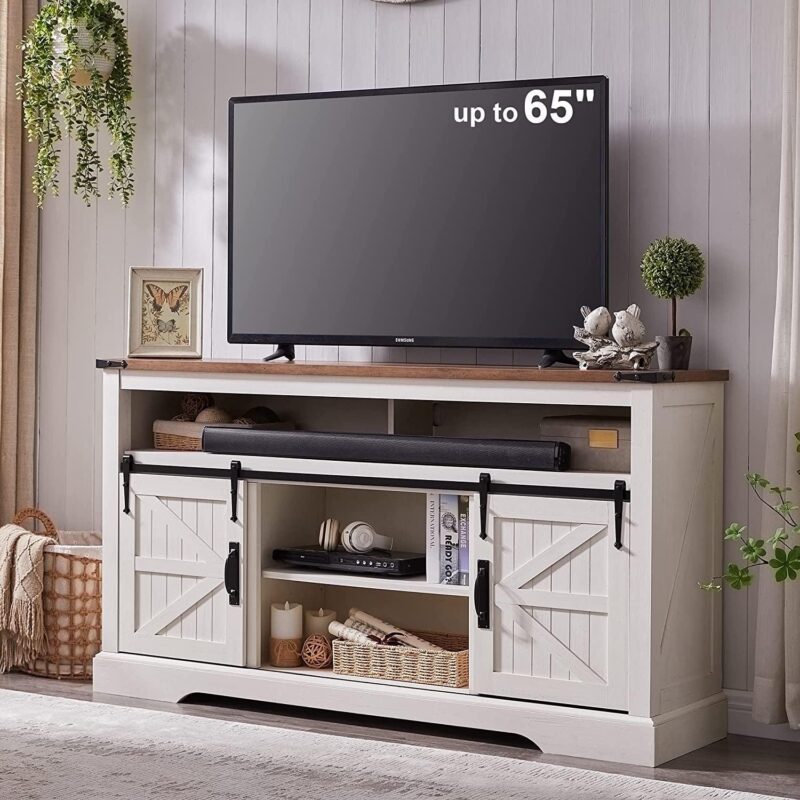 OKD Farmhouse TV Stand for TVs up to 70 , Rustic Console Entertainment Center Television Table with Adjustable Shelf for liveing Room,A Antique White