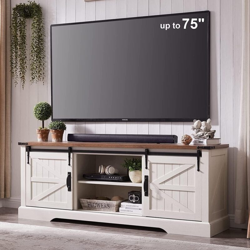 OKD Modern Farmhouse TV Stand for TVs up to 75 , Entertainment Center with Storage and Barn Door, Antique White