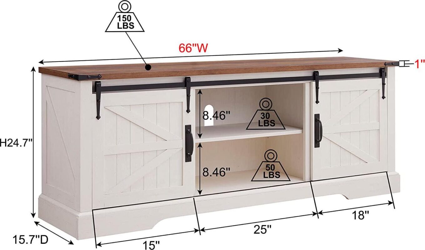 OKD Modern Farmhouse TV Stand for TVs up to 75 , Entertainment Center with Storage and Barn Door, Antique White - Image 2