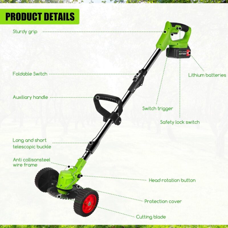 Onemayship Foldable Brush Cutter Cordless Weed Wacker Electric Weed Eater with 2 Large Capacity Batteries &13 Blade for Lawn Garden Yard - Image 4