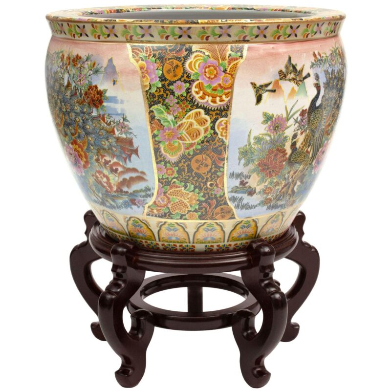 Oriental Furniture 14  Satsuma Garden and Peacock Porcelain Fishbowl, porcelain, Asian, Indoor item, glazed, living room dA(C)cor - Image 2