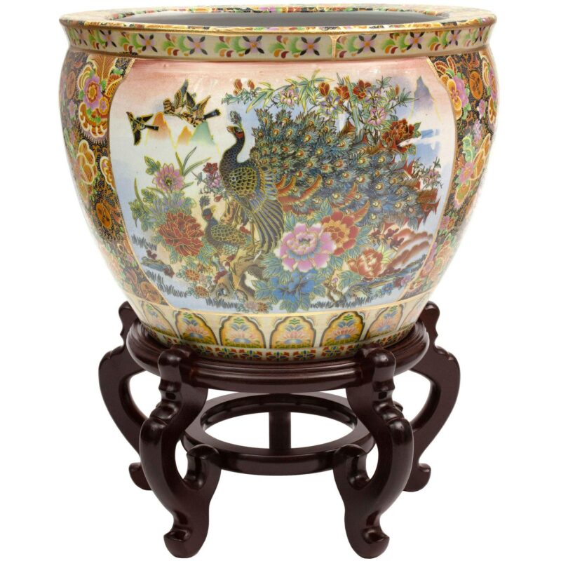 Oriental Furniture 14  Satsuma Garden and Peacock Porcelain Fishbowl, porcelain, Asian, Indoor item, glazed, living room dA(C)cor