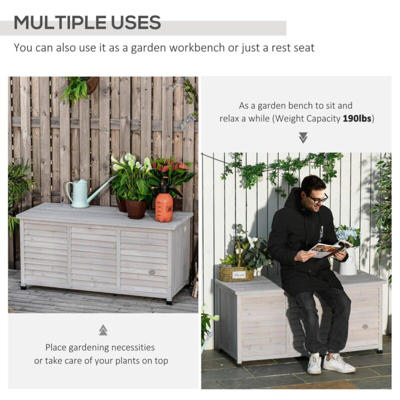 Outsunny 75 Gallon Wooden Deck Box, Outdoor Storage Container with Aerating Gap and Weather-Fighting Finish, Grey - Image 4