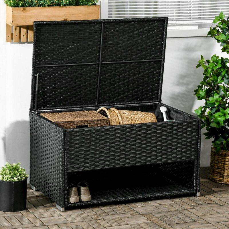 Outsunny Deck Box w/ Outdoor Towel/Shoe Rack, Inner Liner, Black