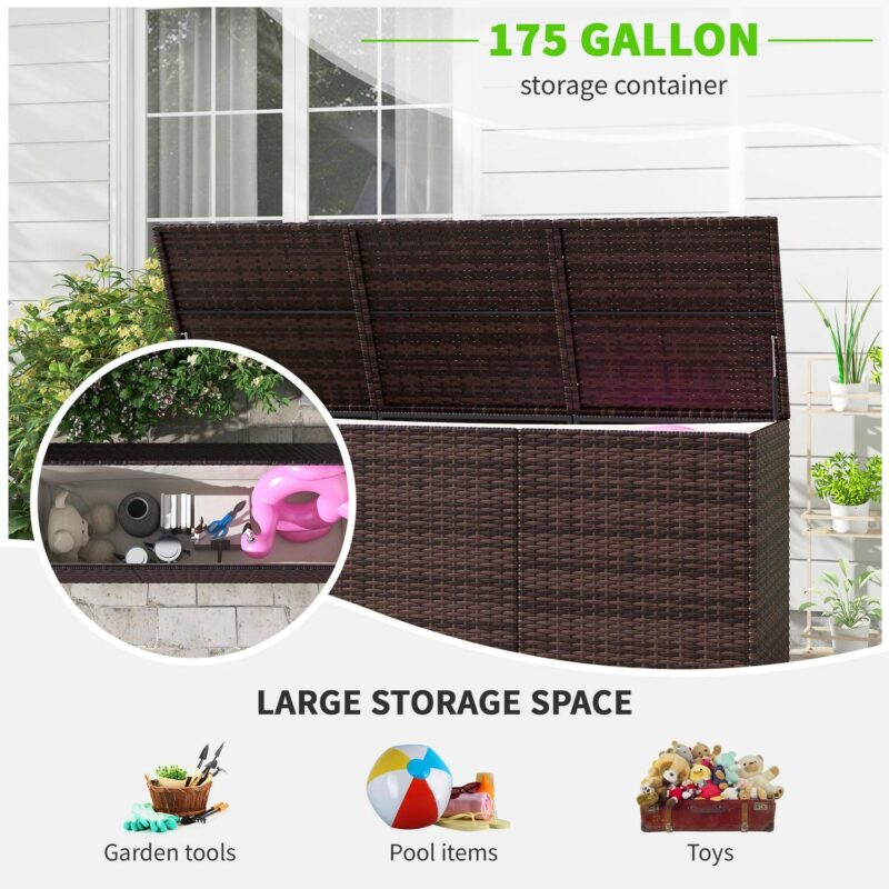 Outsunny Outdoor Storage Box w/ Pneumatic Lift and Liner, Mixed Brown - Image 3