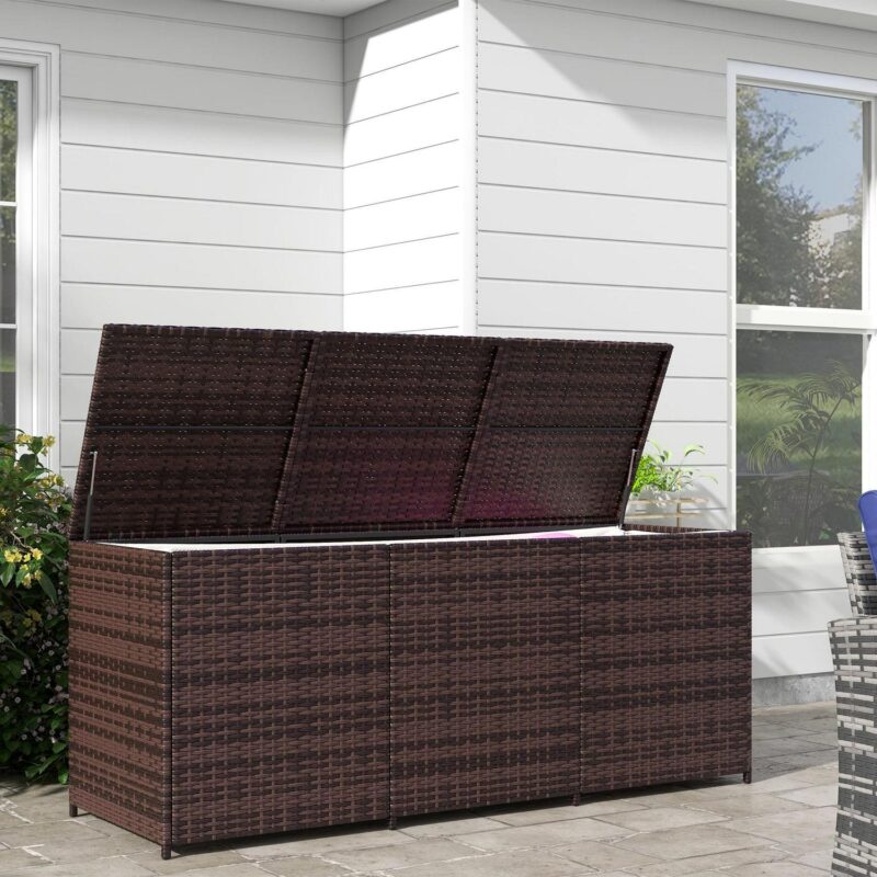 Outsunny Outdoor Storage Box w/ Pneumatic Lift and Liner, Mixed Brown