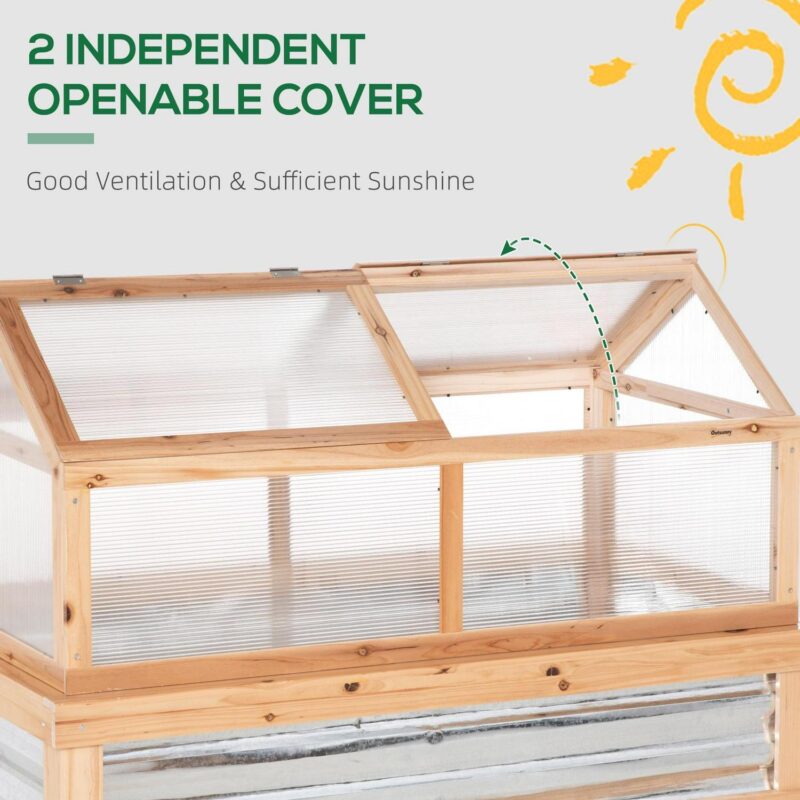 Outsunny Raised Garden Bed with Polycarbonate Greenhouse, Wooden Garden Cold Frame Greenhouse, Flower Planter Protection, 48  x 24  x 32 , Natural - Image 6