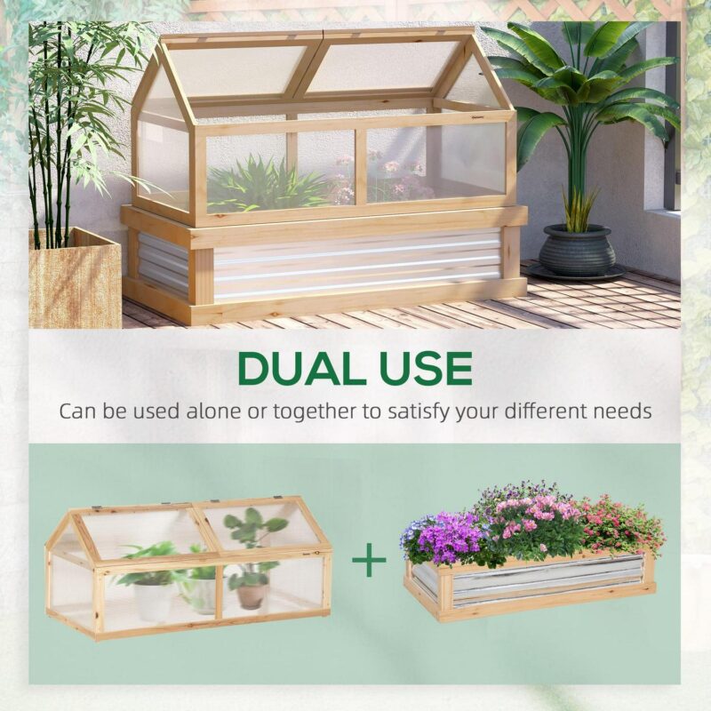 Outsunny Raised Garden Bed with Polycarbonate Greenhouse, Wooden Garden Cold Frame Greenhouse, Flower Planter Protection, 48  x 24  x 32 , Natural - Image 3