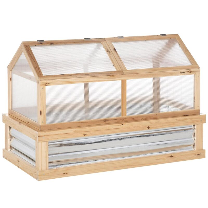 Outsunny Raised Garden Bed with Polycarbonate Greenhouse, Wooden Garden Cold Frame Greenhouse, Flower Planter Protection, 48  x 24  x 32 , Natural - Image 2
