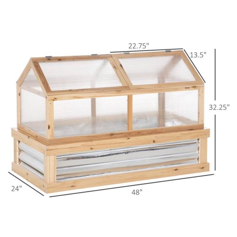 Outsunny Raised Garden Bed with Polycarbonate Greenhouse, Wooden Garden Cold Frame Greenhouse, Flower Planter Protection, 48  x 24  x 32 , Natural - Image 7