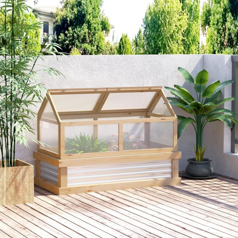 Outsunny Raised Garden Bed with Polycarbonate Greenhouse, Wooden Garden Cold Frame Greenhouse, Flower Planter Protection, 48  x 24  x 32 , Natural