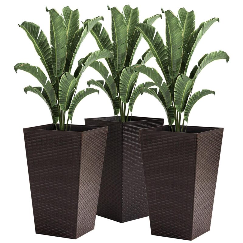 Outsunny Set of 3 Tall Planters with Drainage Hole, Outdoor Flower Plant Pots, Indoor Planters for Porch, Front Door, Entryway, Patio and Deck, Brown - Image 2