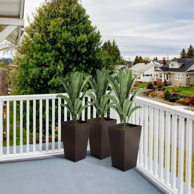 Outsunny Set of 3 Tall Planters with Drainage Hole, Outdoor Flower Plant Pots, Indoor Planters for Porch, Front Door, Entryway, Patio and Deck, Brown