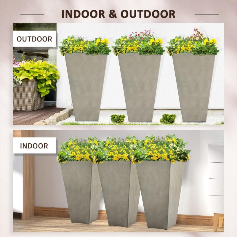 Outsunny Set of 3 Tall Planters with Drainage Hole, 28  Outdoor Flower Plant Pots, Indoor Planters for Porch Patio and Deck, Gray - Image 5