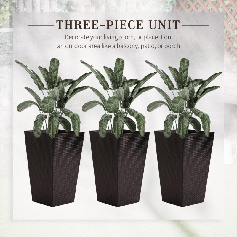 Outsunny Set of 3 Tall Planters with Drainage Hole, Outdoor Flower Plant Pots, Indoor Planters for Porch, Front Door, Entryway, Patio and Deck, Brown - Image 4
