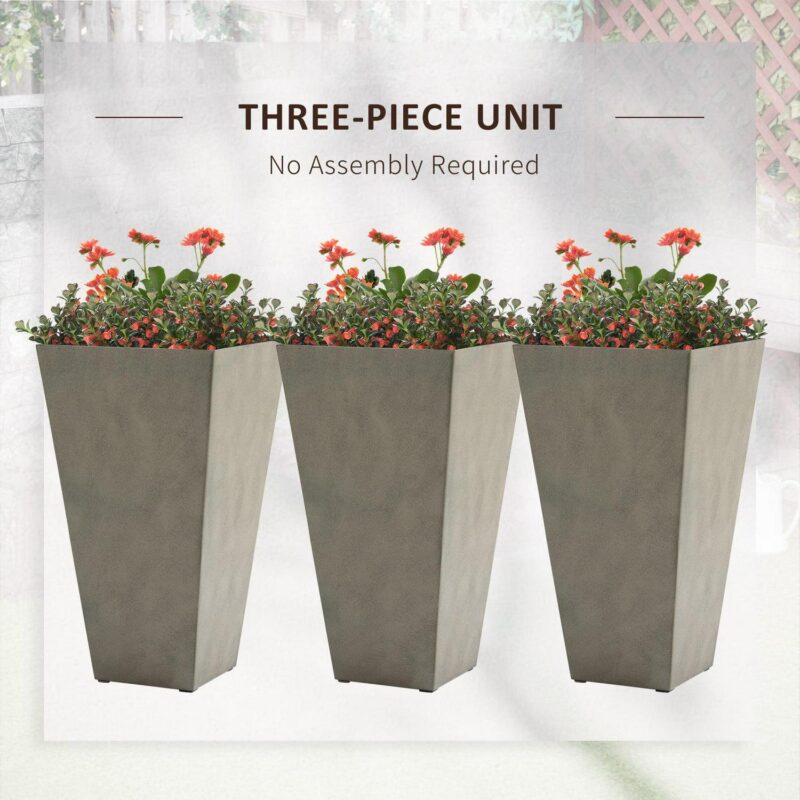 Outsunny Set of 3 Tall Planters with Drainage Hole, 28  Outdoor Flower Plant Pots, Indoor Planters for Porch Patio and Deck, Gray - Image 3