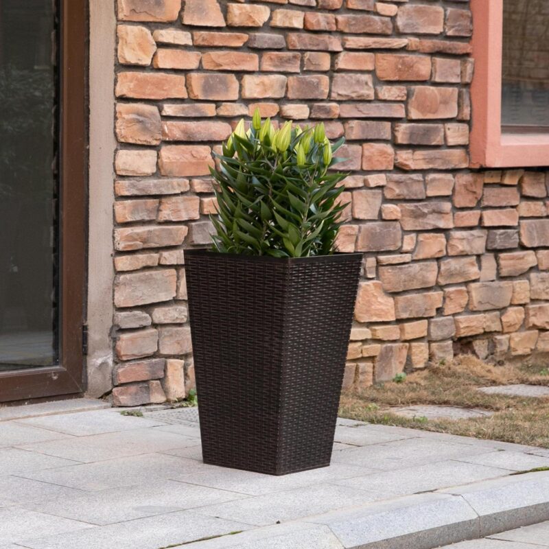 Outsunny Set of 3 Tall Planters with Drainage Hole, Outdoor Flower Plant Pots, Indoor Planters for Porch, Front Door, Entryway, Patio and Deck, Brown - Image 6