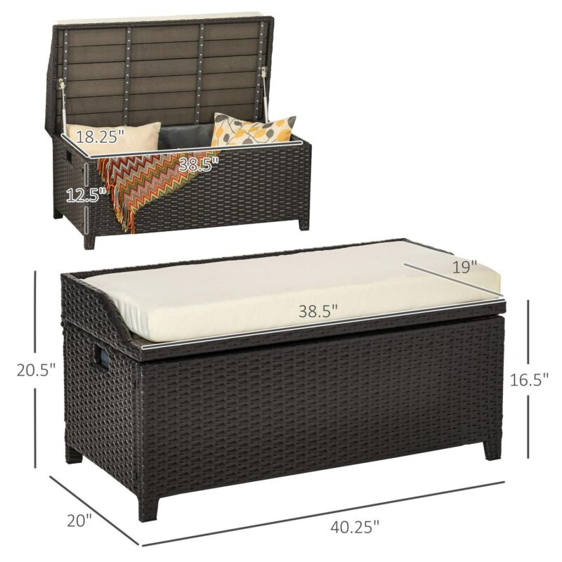 Outsunny Wicker Storage Bench Deck Box with Comfortable Cushion, White - Image 7