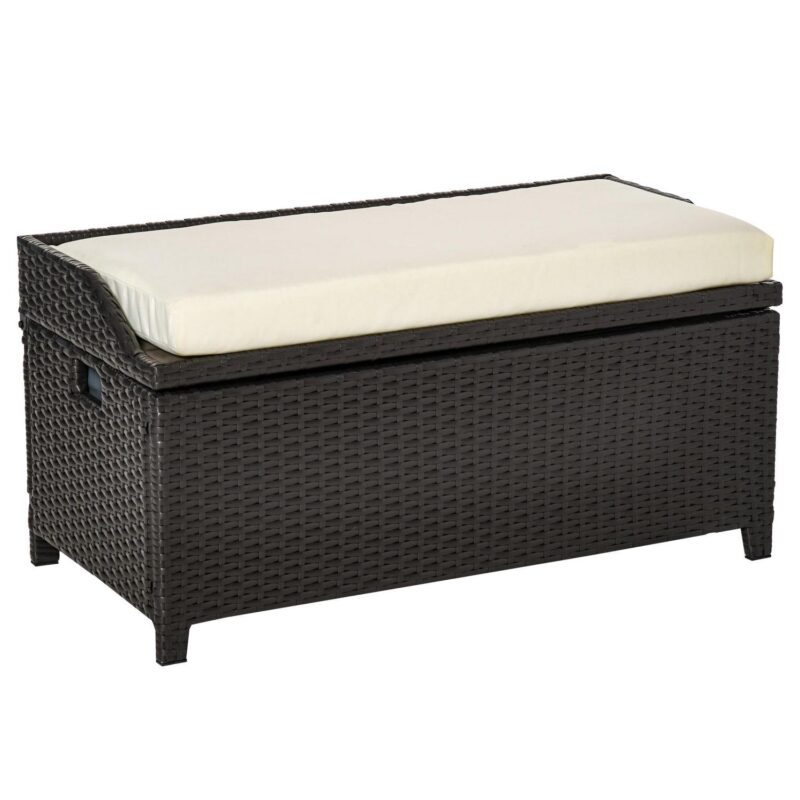 Outsunny Wicker Storage Bench Deck Box with Comfortable Cushion, White - Image 2