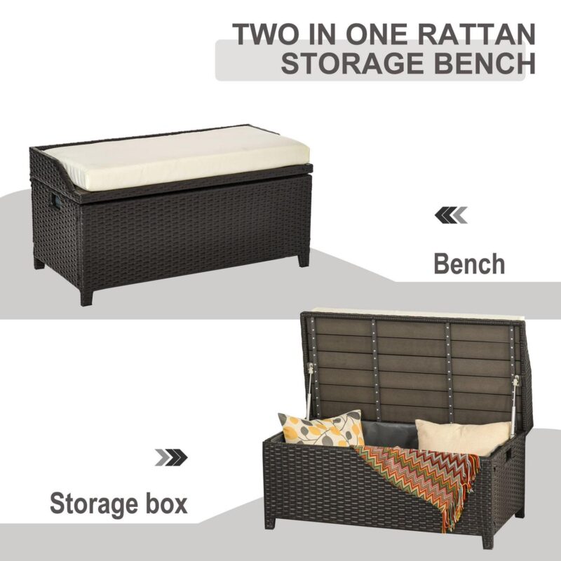 Outsunny Wicker Storage Bench Deck Box with Comfortable Cushion, White - Image 3