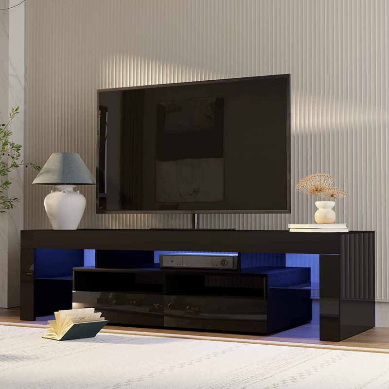 PWFE LED Light TV Stand for 55/60/65 inch TV, Modern Gloss Entertainment Center with Drawer and Glass Open Shelf, TV Console Table for Living Room, Black - Image 3