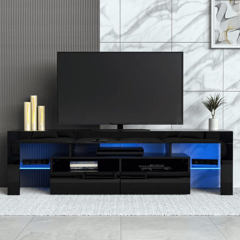 PWFE LED Light TV Stand for 55/60/65 inch TV, Modern Gloss Entertainment Center with Drawer and Glass Open Shelf, TV Console Table for Living Room, Black - Image 10