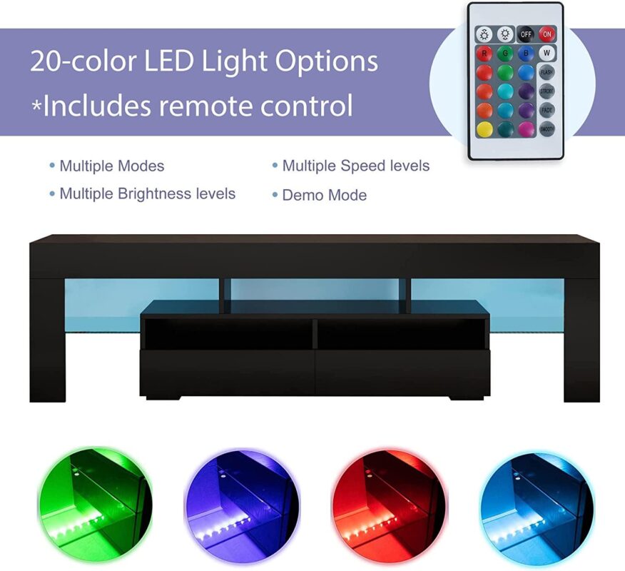 PWFE LED Light TV Stand for 55/60/65 inch TV, Modern Gloss Entertainment Center with Drawer and Glass Open Shelf, TV Console Table for Living Room, Black - Image 2
