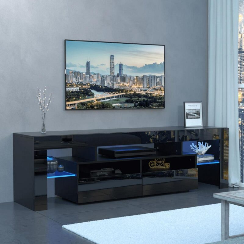 PWFE LED Light TV Stand for 55/60/65 inch TV, Modern Gloss Entertainment Center with Drawer and Glass Open Shelf, TV Console Table for Living Room, Black