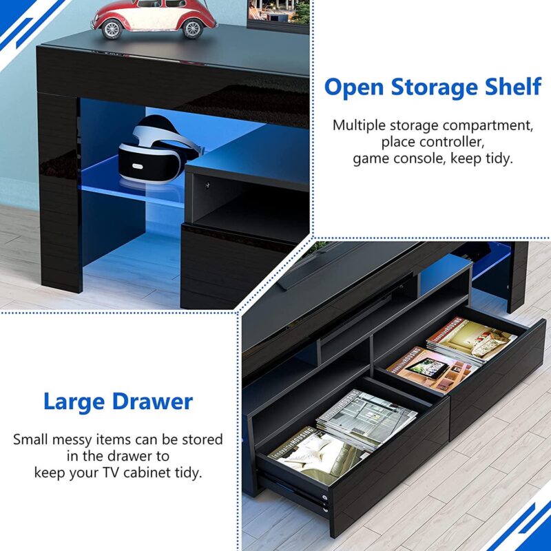 PWFE LED Light TV Stand for 55/60/65 inch TV, Modern Gloss Entertainment Center with Drawer and Glass Open Shelf, TV Console Table for Living Room, Black - Image 5