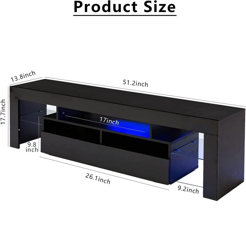 PWFE LED Light TV Stand for 55/60/65 inch TV, Modern Gloss Entertainment Center with Drawer and Glass Open Shelf, TV Console Table for Living Room, Black - Image 8