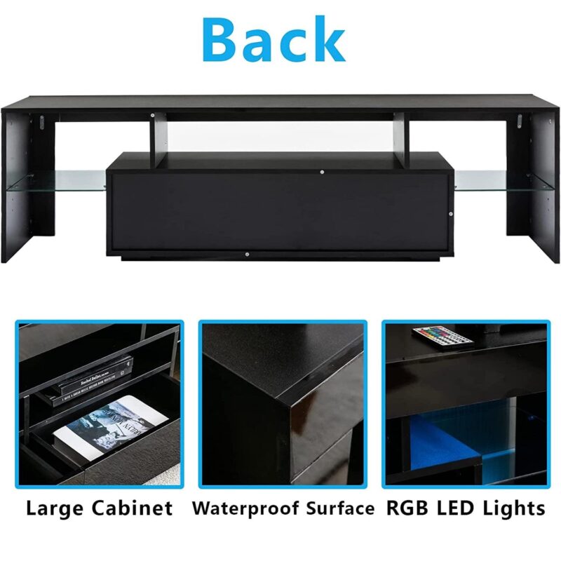 PWFE LED Light TV Stand for 55/60/65 inch TV, Modern Gloss Entertainment Center with Drawer and Glass Open Shelf, TV Console Table for Living Room, Black - Image 4