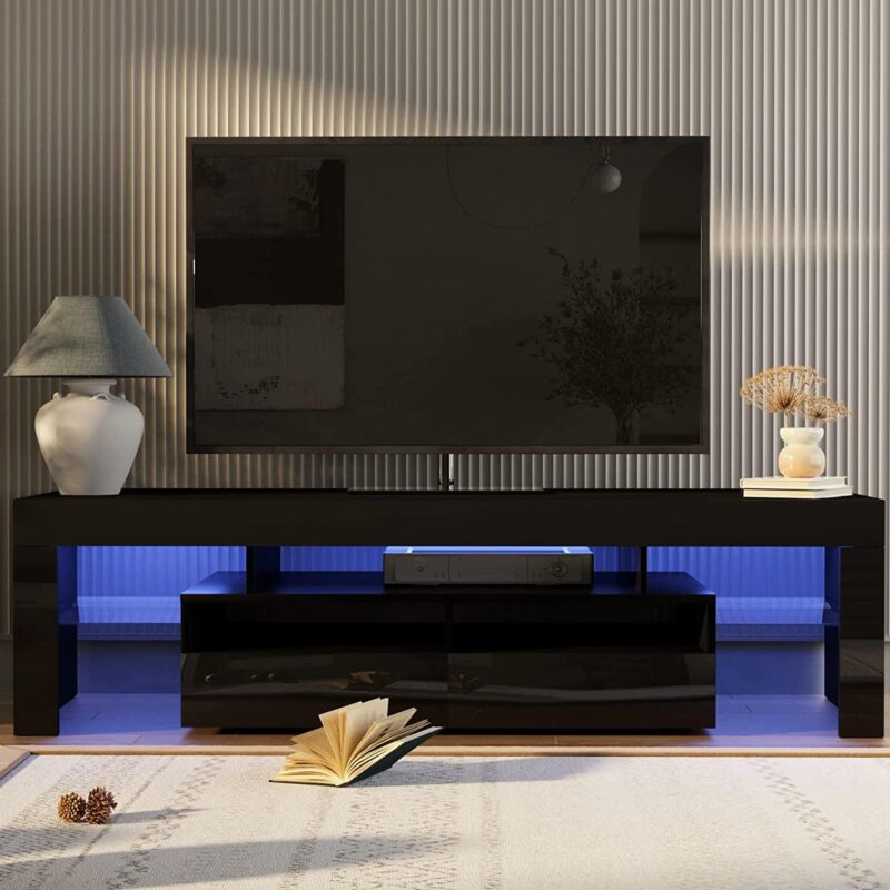 PWFE LED Light TV Stand for 55/60/65 inch TV, Modern Gloss Entertainment Center with Drawer and Glass Open Shelf, TV Console Table for Living Room, Black - Image 6