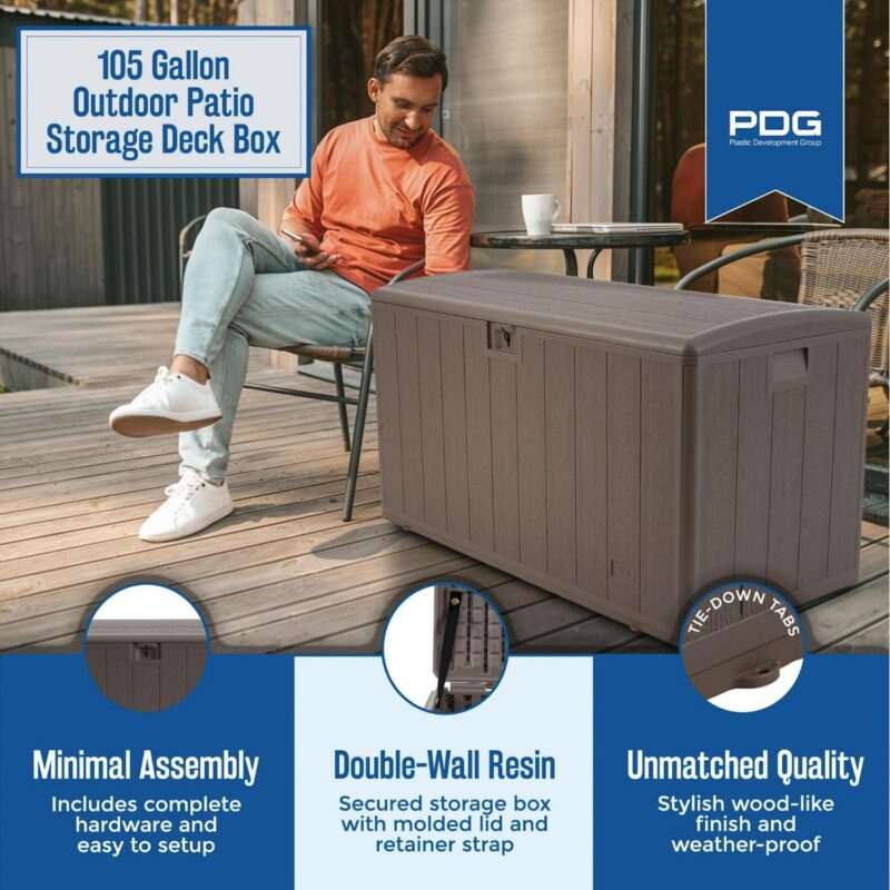 Plastic Development Group 105 Gal Outdoor Patio Storage Deck Box, Driftwood - Image 3