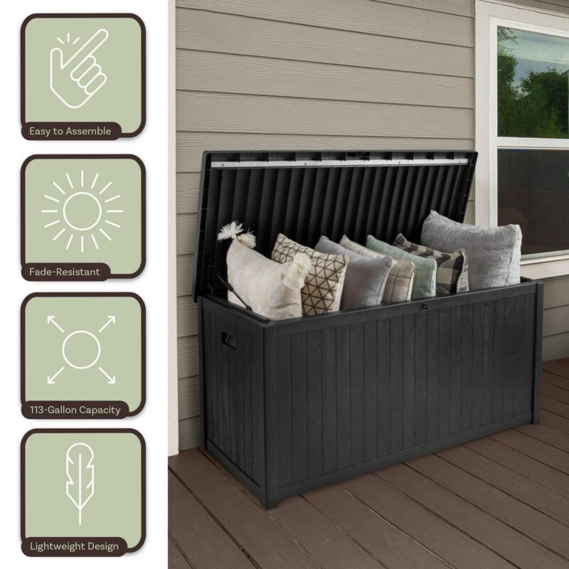 Pure Garden 113-Gallon Outdoor Storage Box - Durable Resin Deck Box, Black - Image 6