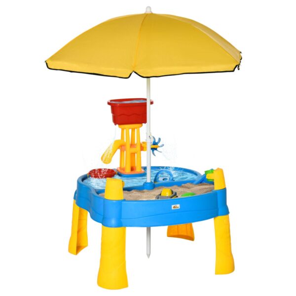 Qaba 2-in-1 Covered Sandbox Table with Umbrella for Outdoors and Indoors, 25-Piece Sand and Water Table for Toddlers, Little Kids Toys