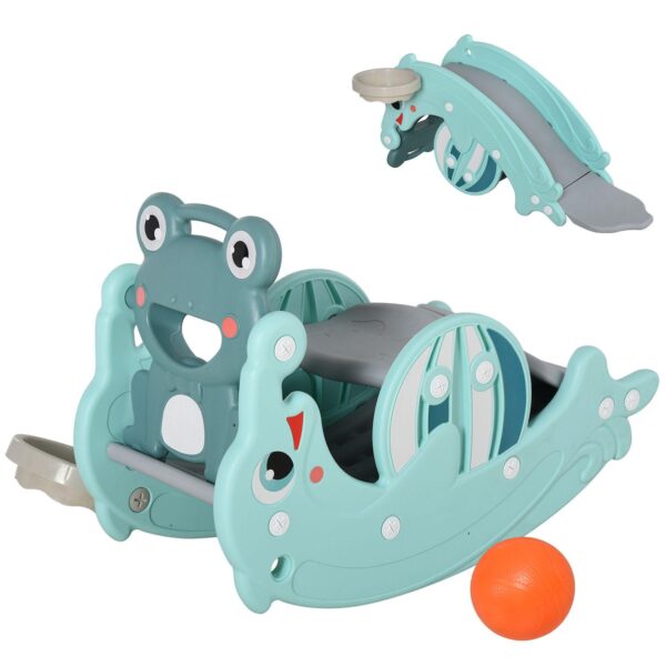 Qaba 3 in 1 Kids Portable Slide Rocking Horse Toy with Basketball Hoop for Age 3 5 Boys and Girls Mint Green