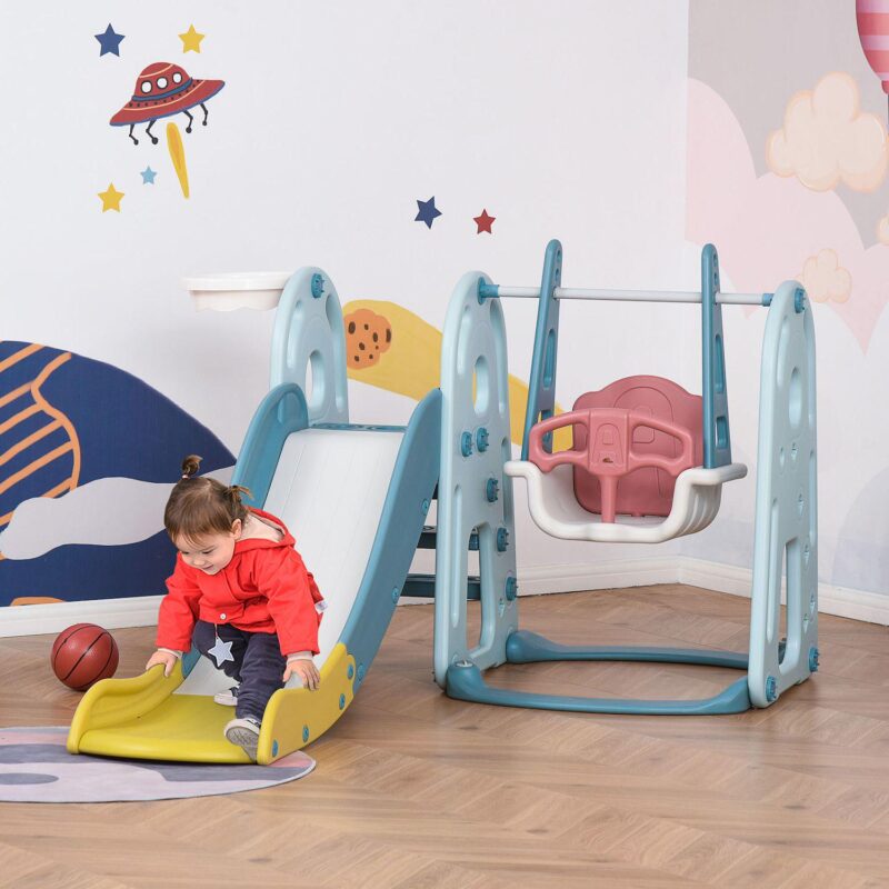Qaba 3 in 1 Kids Slide and Swing Play Set with Basketball Hoop Outdoor Playground Slide Toy with Swing for Children 2 5 Years Old - Image 2