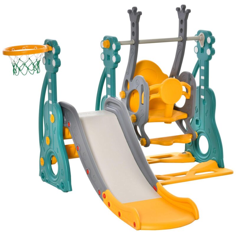 Qaba 3 in 1 Kids Swing and Slide Set with Basketball Hoop Slide Swing Adjustable Seat Height Indoor and Outdoor Toddler Playground Activity Center Play Equipment - Image 2