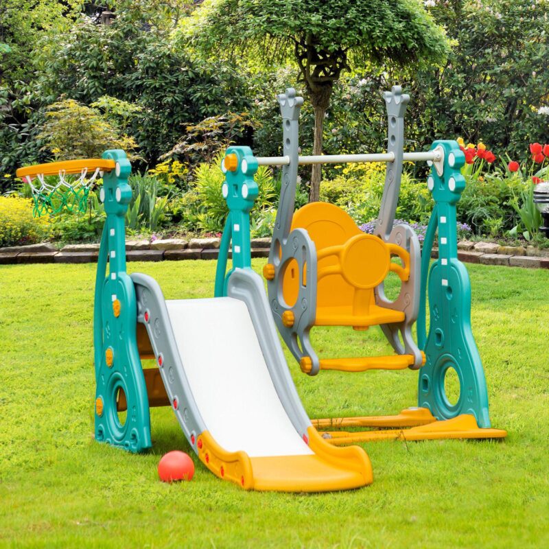 Qaba 3 in 1 Kids Swing and Slide Set with Basketball Hoop Slide Swing Adjustable Seat Height Indoor and Outdoor Toddler Playground Activity Center Play Equipment - Image 3