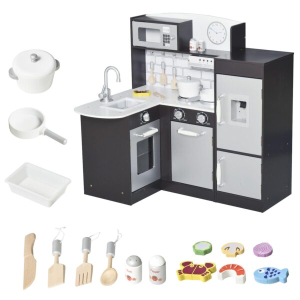 Qaba Black Kids Kitchen Play Cooking Toy Set for Children with Drinking Fountain Microwave and Fridge with Accessories