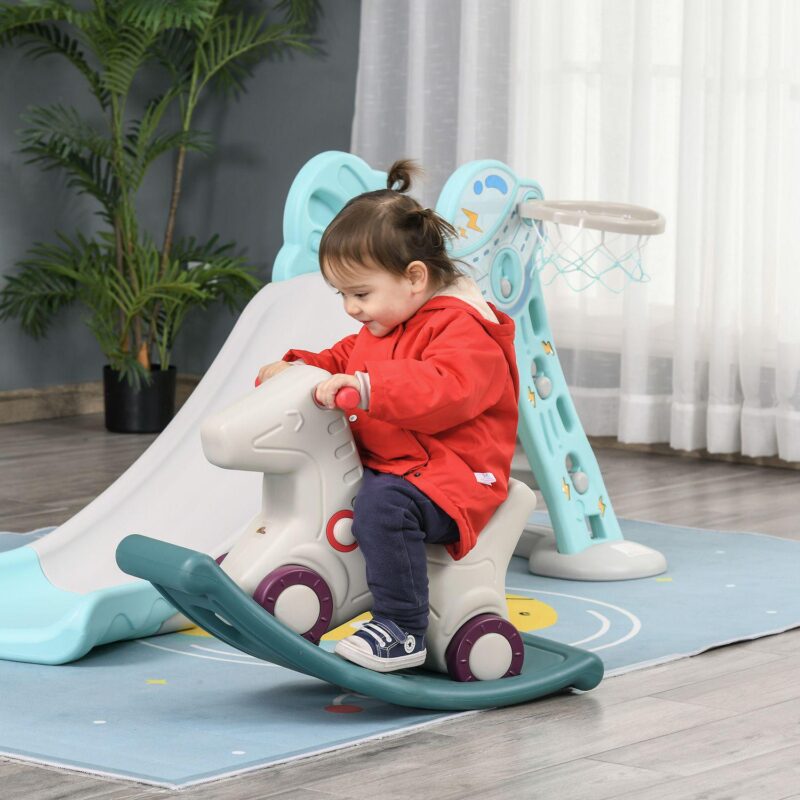 Qaba Kids 2 in 1 Rocking Horse and Sliding Car for Indoor and Outdoor Use w/ Detachable Base Wheels Smooth Materials Grey and Green - Image 2