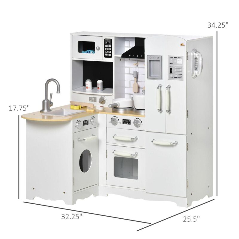 Qaba Kids Corner Kitchen Pretend Play Toy Educational Pretend Role Playset Game with Sound Effect Microwave Refrigerator Simulation Faucet Detachable Sink for Boys and Girls White - Image 3