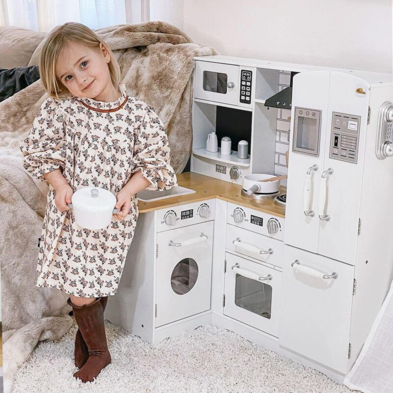 Qaba Kids Corner Kitchen Pretend Play Toy Educational Pretend Role Playset Game with Sound Effect Microwave Refrigerator Simulation Faucet Detachable Sink for Boys and Girls White - Image 2