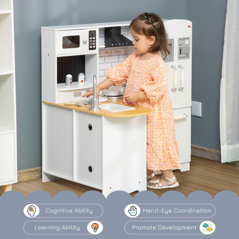 Qaba Kids Corner Kitchen Pretend Play Toy Educational Pretend Role Playset Game with Sound Effect Microwave Refrigerator Simulation Faucet Detachable Sink for Boys and Girls White - Image 4