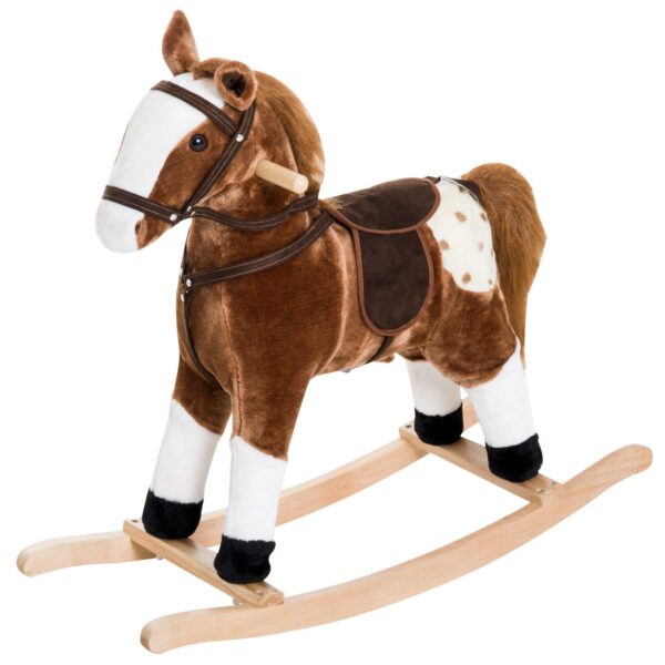 Qaba Kids Plush Toy Rocking Horse Pony Toddler Ride on Animal for Girls Pink Birthday Gifts with Realistic Sounds Brown