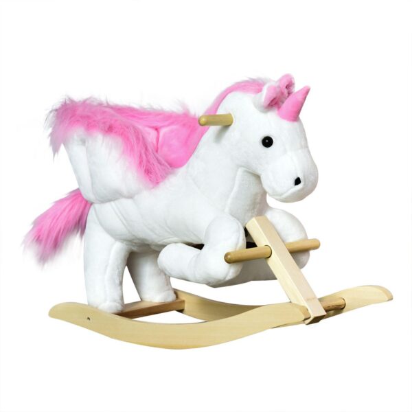 Qaba Kids Rocking Horse Wooden Plush Ride On Unicorn Chair Toy with Lullby Song for 18 36 months children