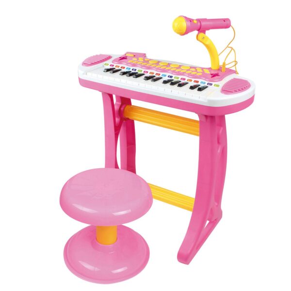 Qaba Kids Toy Keyboard Piano Toddler Electronic Instrument with Stool Microphone and Bright Flashlight for Children Birth Gift Blue